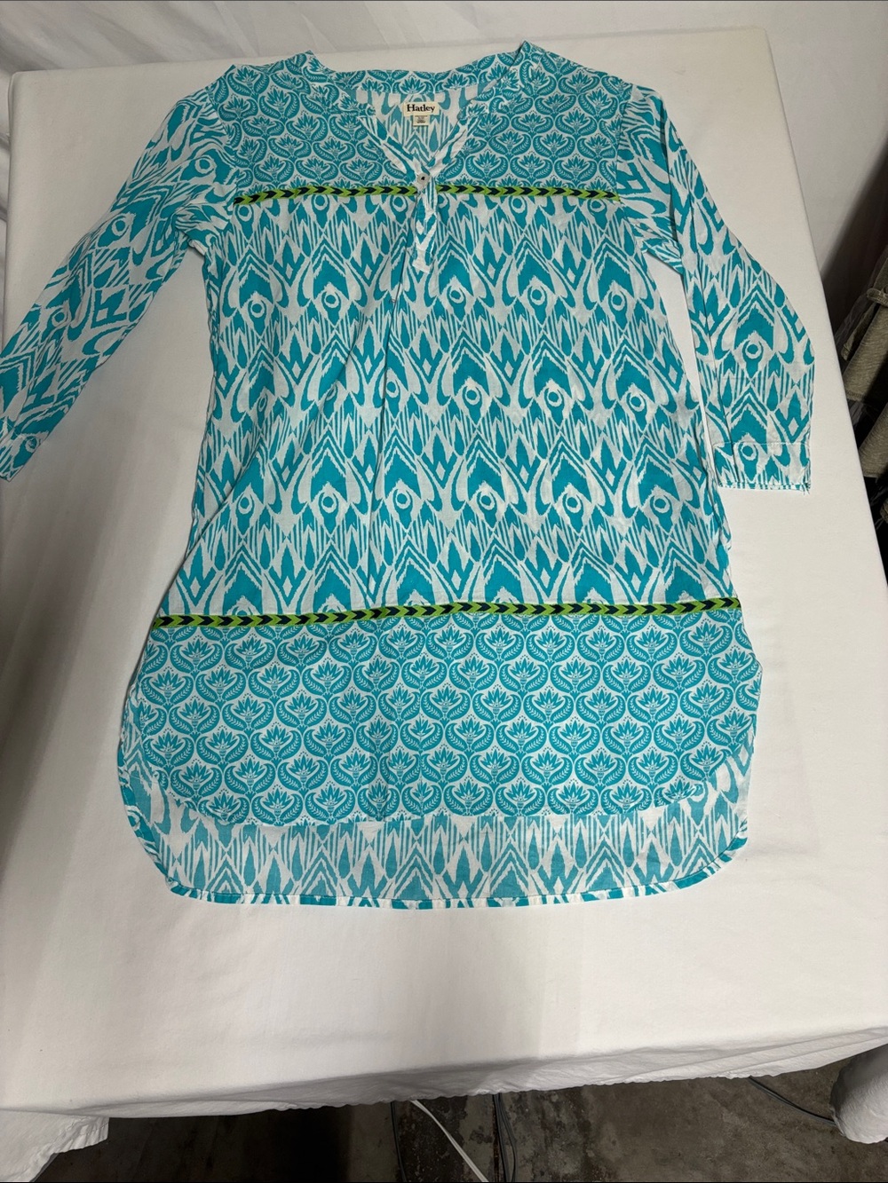 Hatley Small Cotton Tunic Dress Blue White Print 3/4 Sleeve Beach Cover Up
